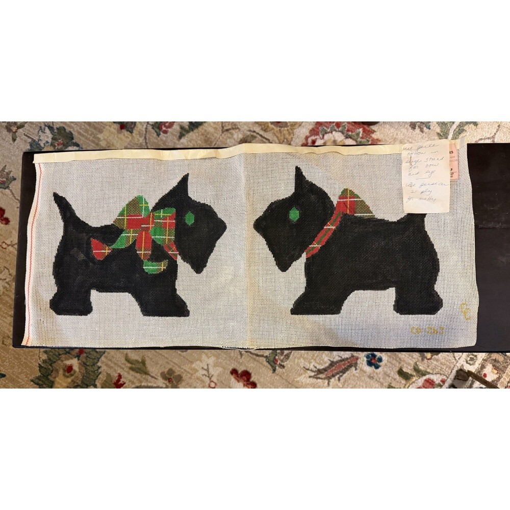 Vintage Needlepoint Canvas Hand Painted Two Black Scottish Terrier Dogs